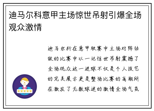 迪马尔科意甲主场惊世吊射引爆全场观众激情